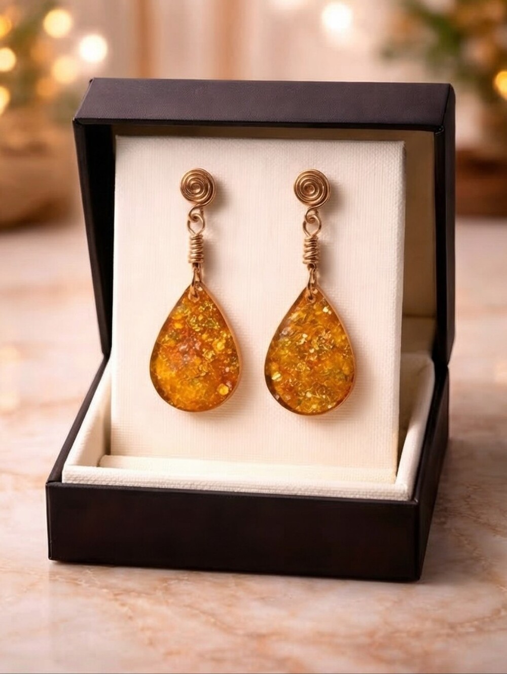 #455 HAND CRAFTED Earrings handcrafted handmade Resin Copper Orange Teardrop